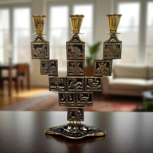 Vintage Goldtone Astrological Candelabra: Black Enamel Zodiac Candle Holder